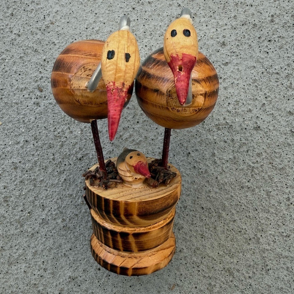Mid Century Style Crane Family Hand Crafted Wooden Cryptomeria Birds